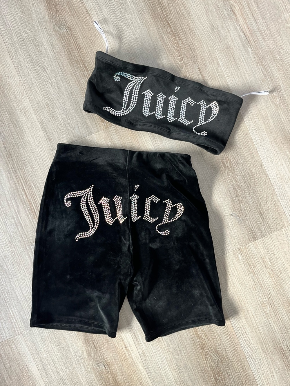 Juicy Couture Black Velour Biker Short and Bandeau Set Juicy Embroidery Small